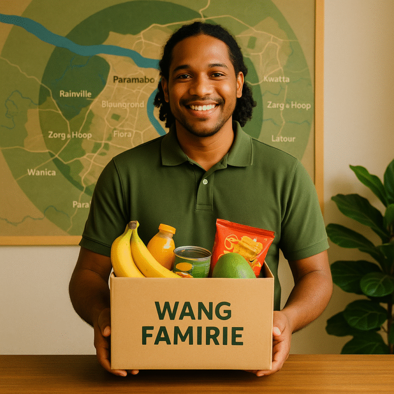 Bij Wang Famirie bezorgen we met zorg, snelheid en een glimlach in en rond Paramaribo. Onze koeriers vertrekken dagelijks vanuit het centrum en leveren verse producten rechtstreeks aan huis — of het nu gaat om boodschappen, vers vlees of gekoelde producten