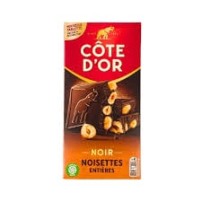 Côte d'Or Noir Puur dark chocolate with whole hazelnuts.  (Ch)