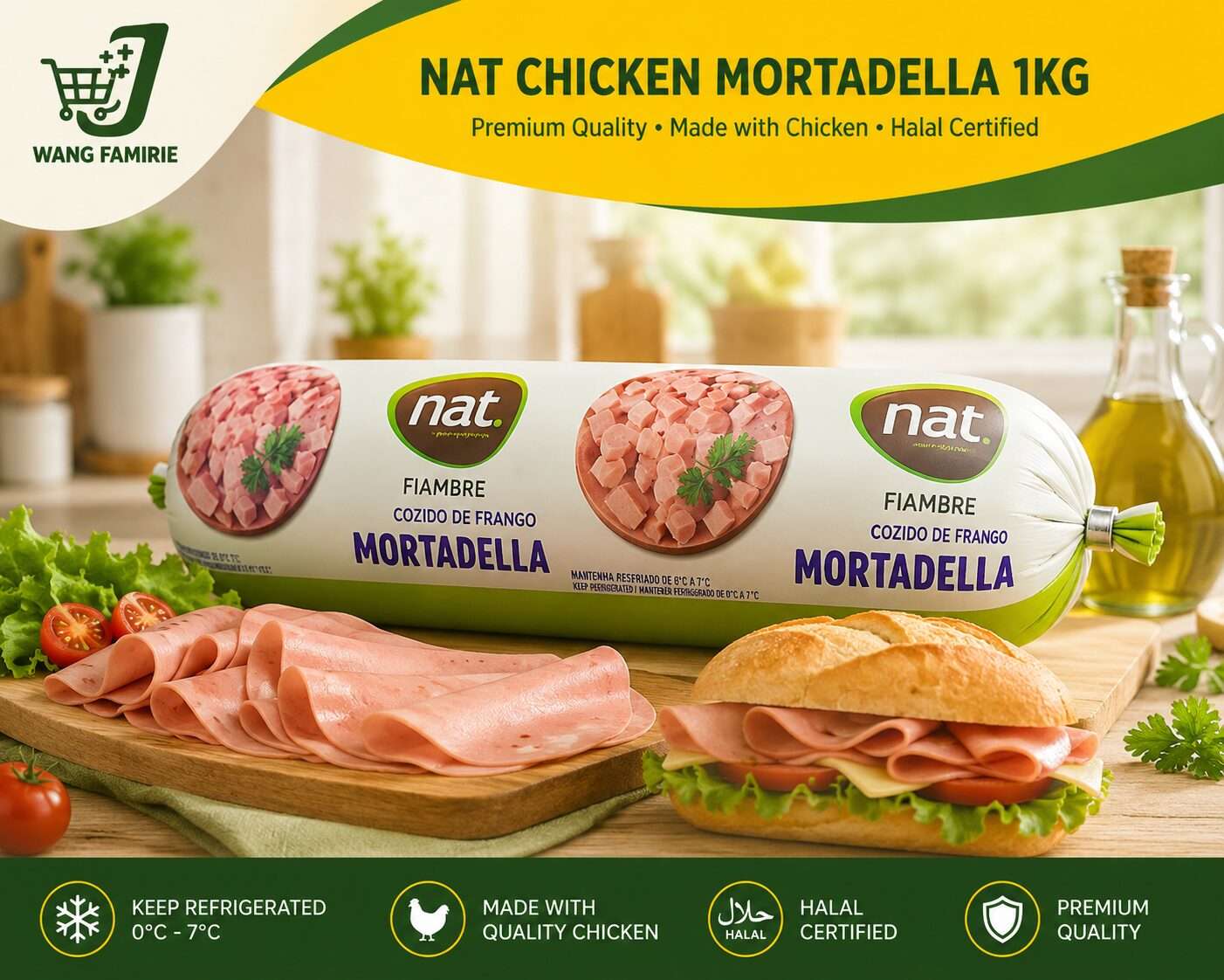NAT Chicken Mortadella Worst van 1kg (Kip Mortadella)-(Sub)