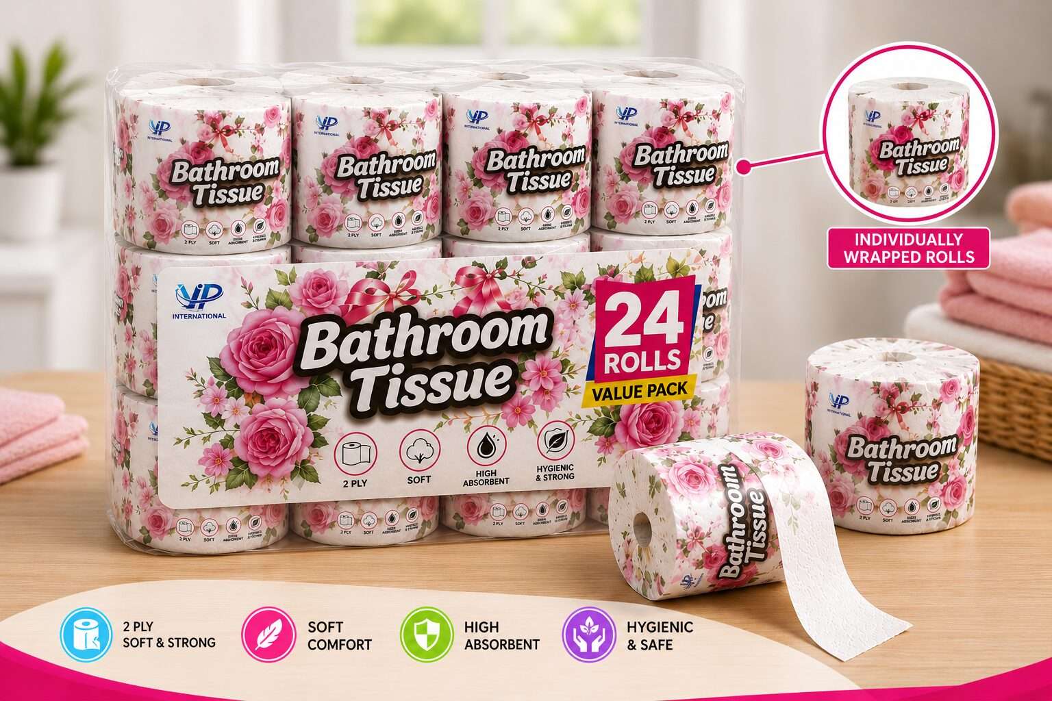 Toilet papier "Bathroom tissue " rozen 24 rollen